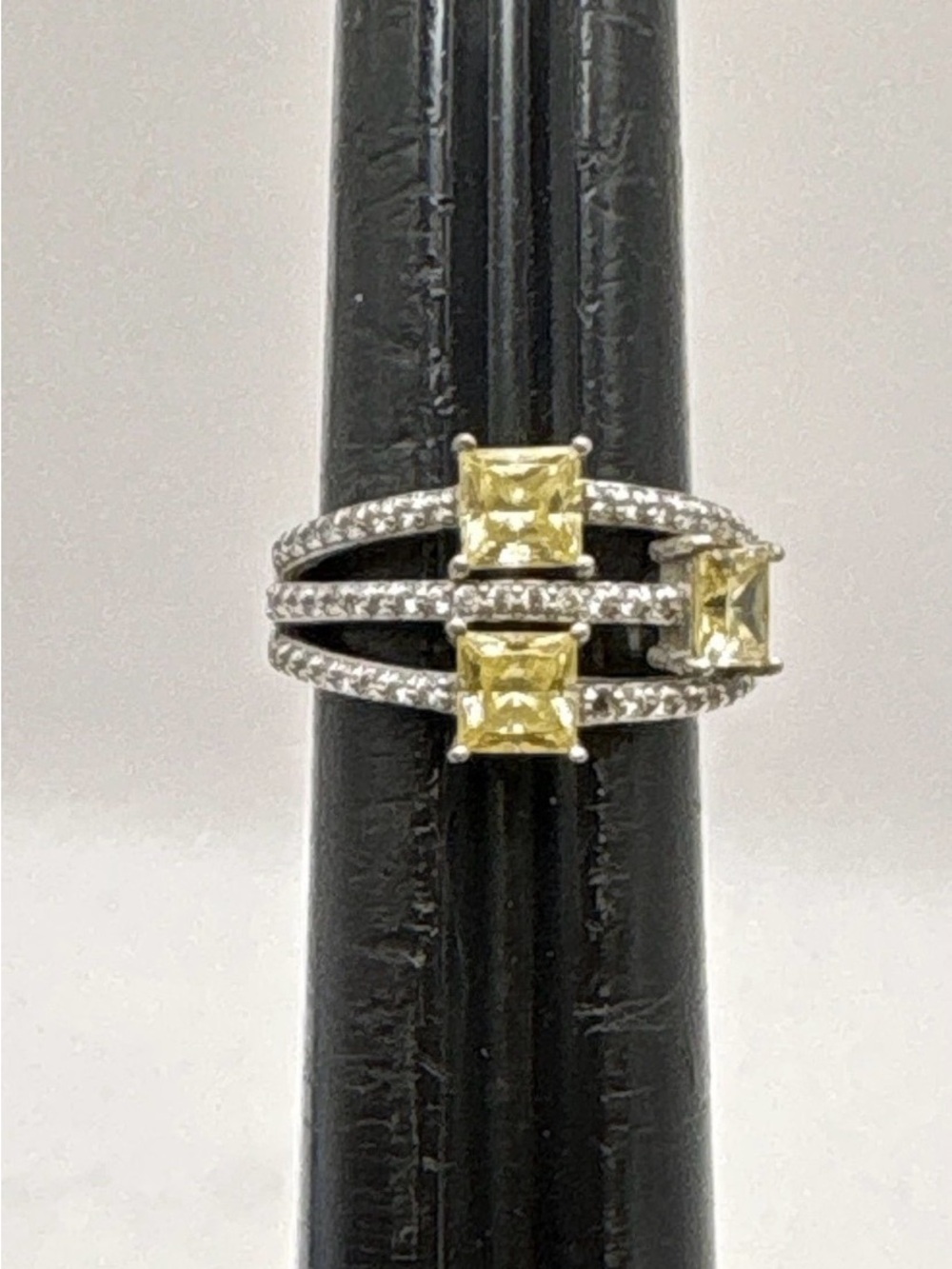 Canary Yellow Triple-Row Cubic Zirconia and 925 Sterling Silver Statement Ring